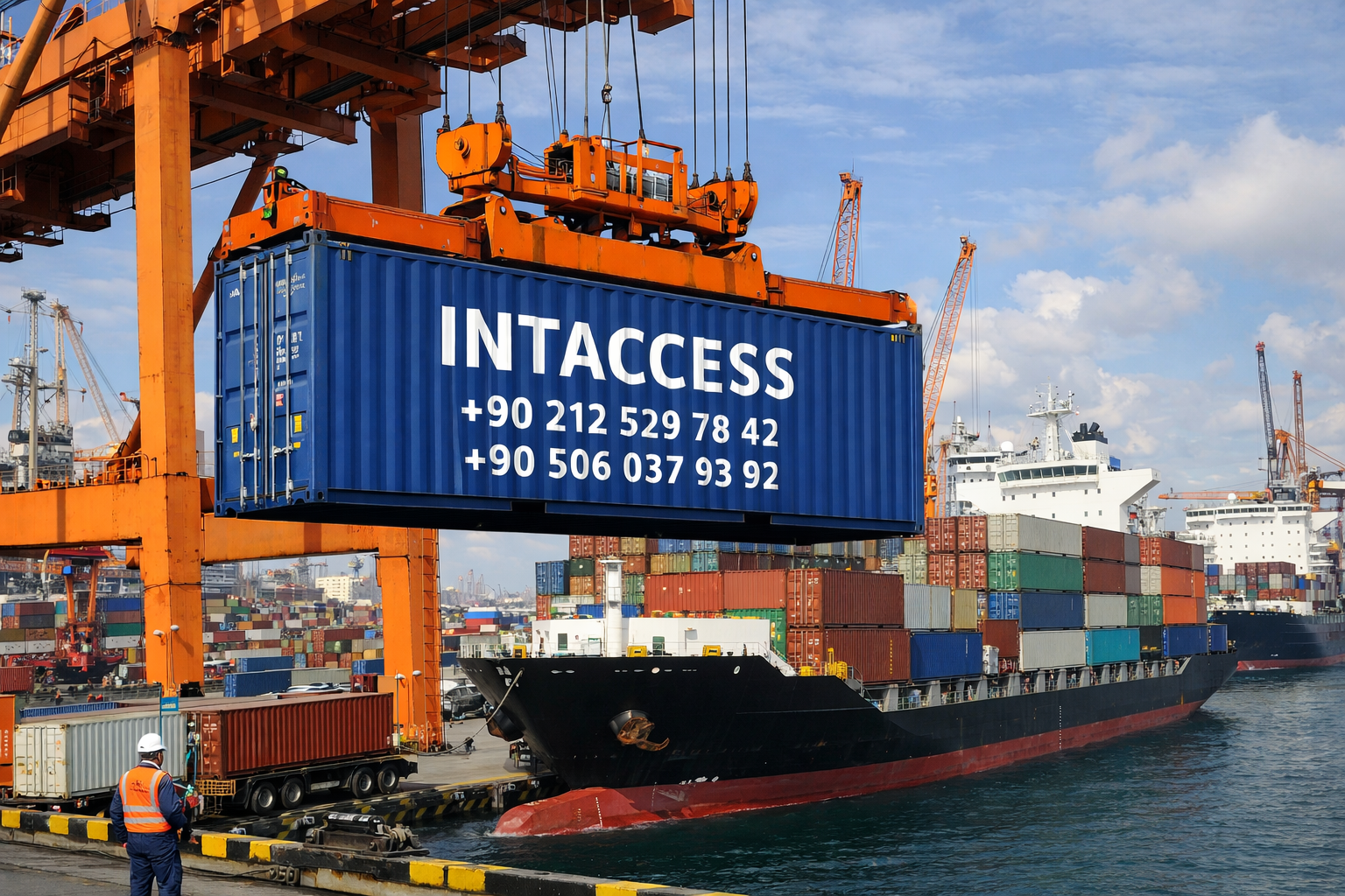 Cargo ship loaded with containers at port sunset